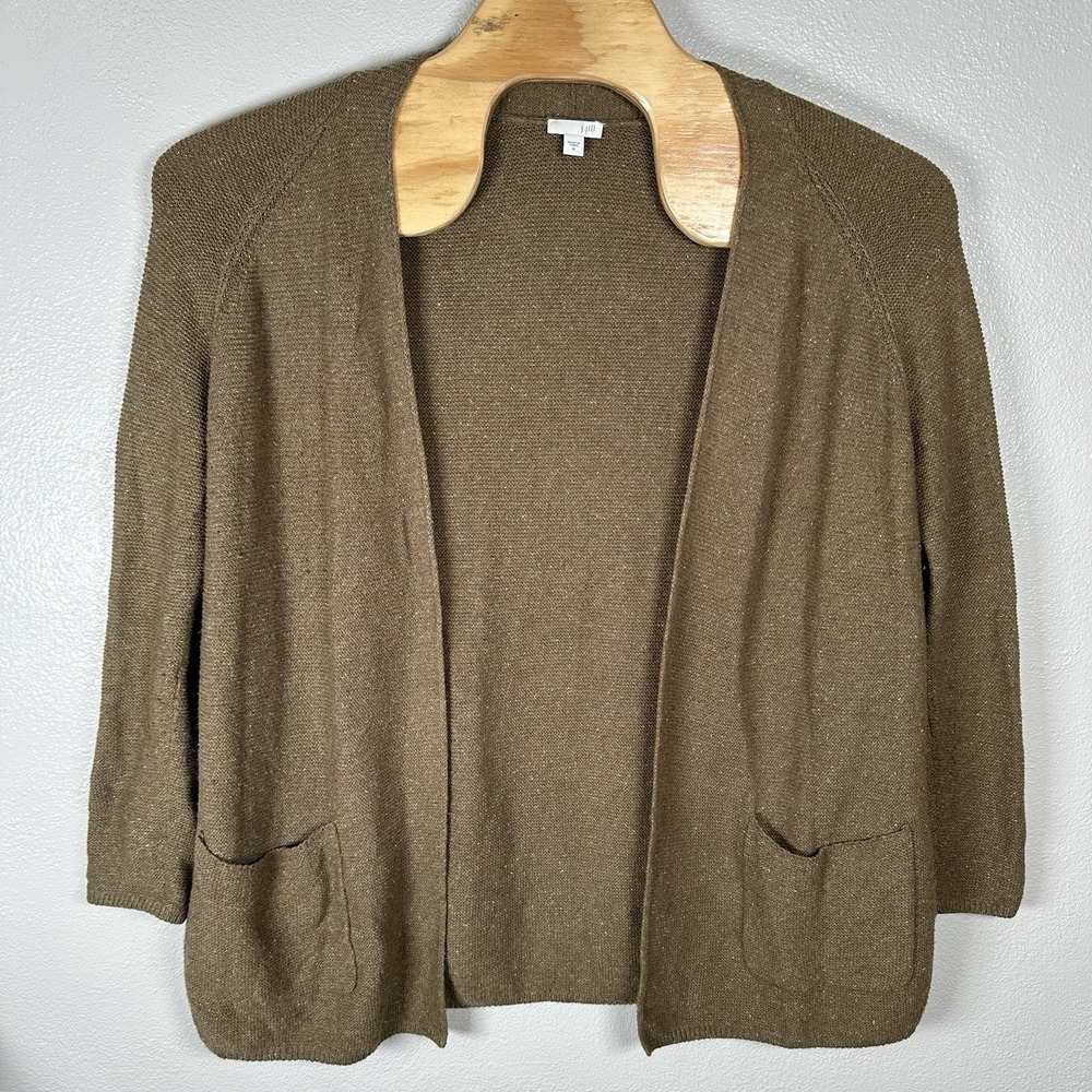 J Jill Open Cardigan Brown Cotton Silk Lightweight Sweater Pockets Womens Medium